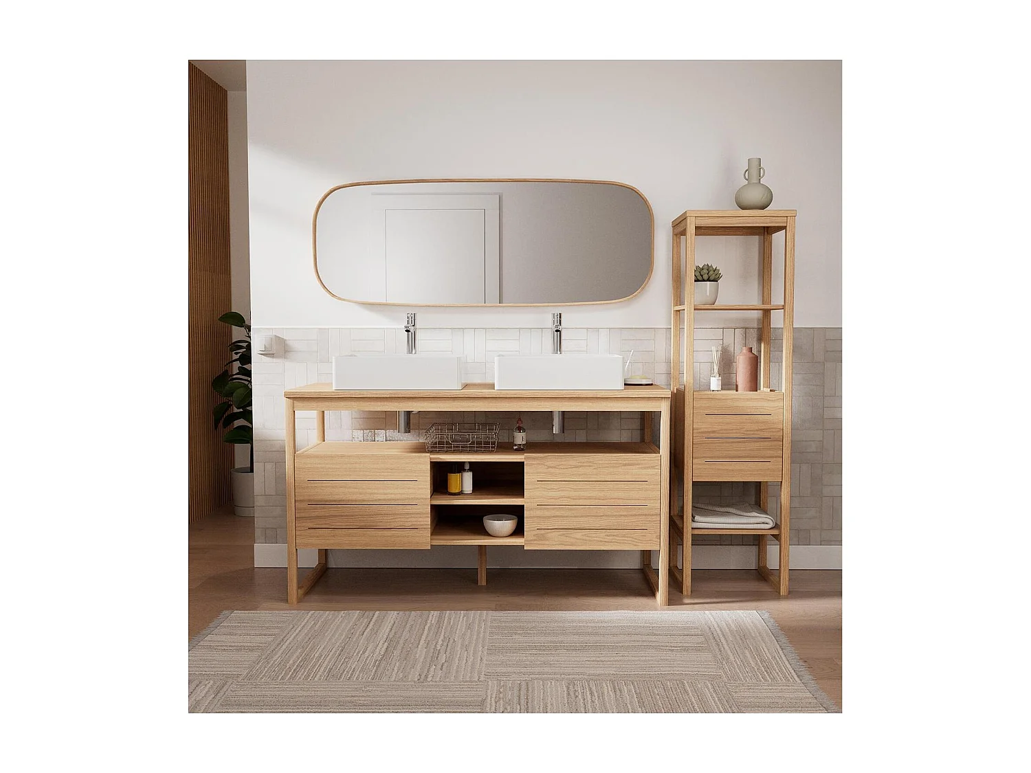 Ensemble meuble double vasque 140 cm + Vasques COMA + Robinets TAP + Miroir FLOKI + Colonne ATOLL