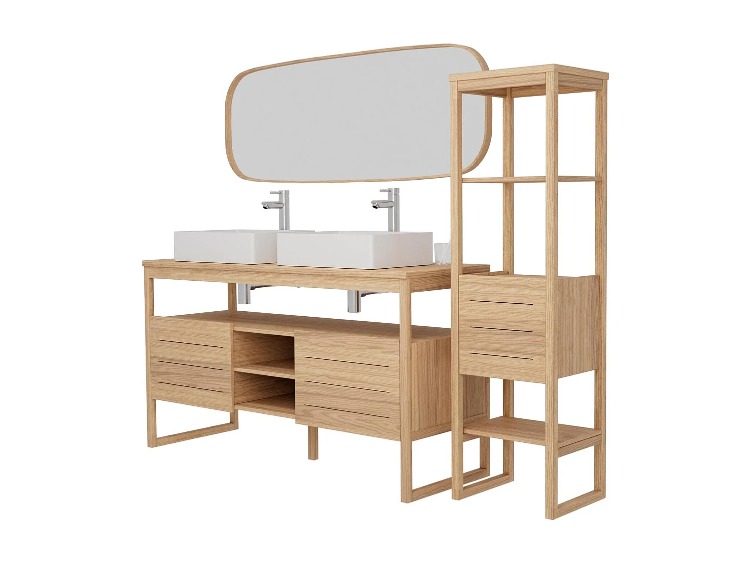 Ensemble meuble double vasque 140 cm + Vasques COMA + Robinets TAP + Miroir FLOKI + Colonne ATOLL