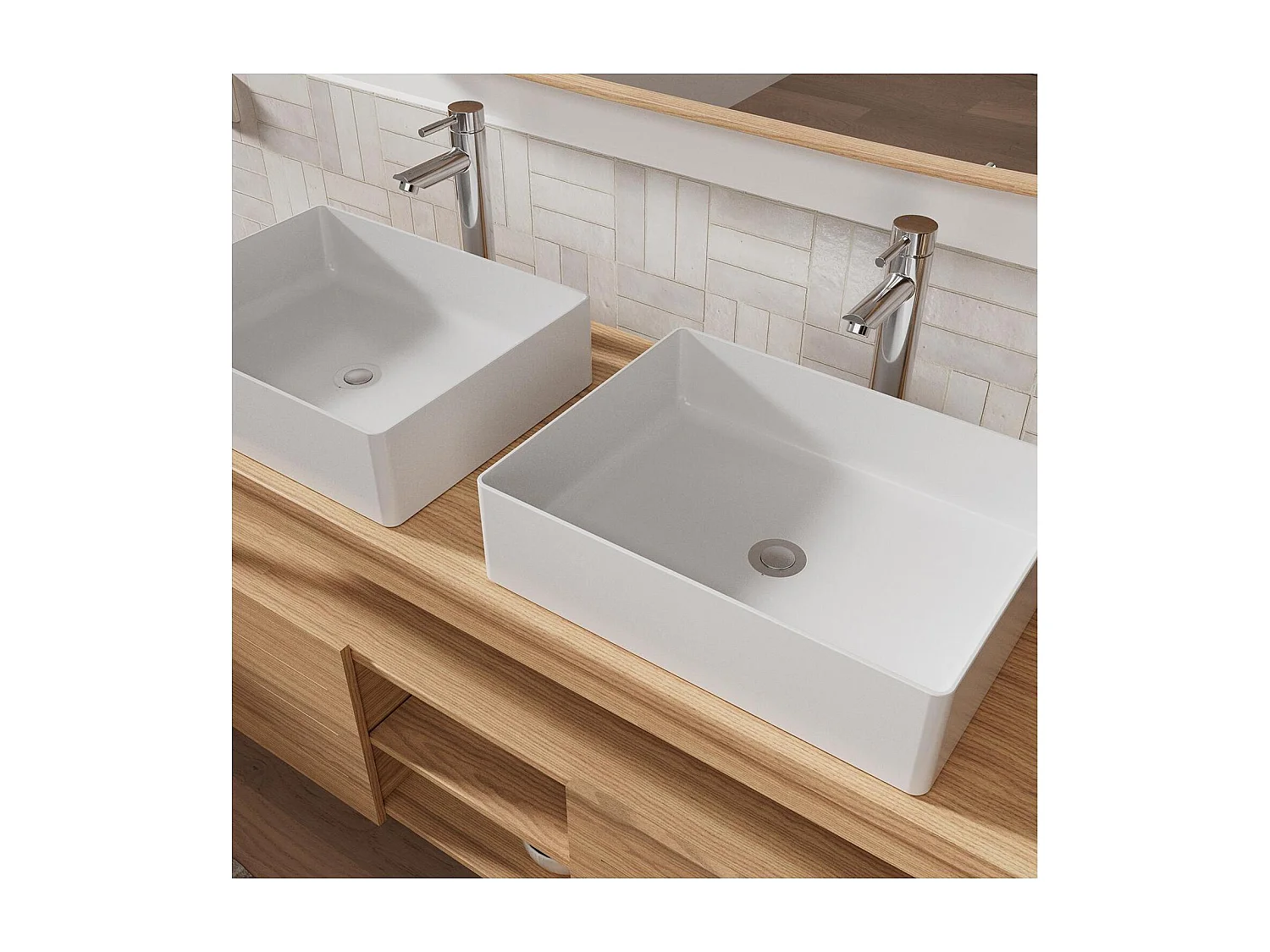 Ensemble meuble double vasque 140 cm + Vasques COMA + Robinets TAP + Miroir FLOKI + Colonne ATOLL