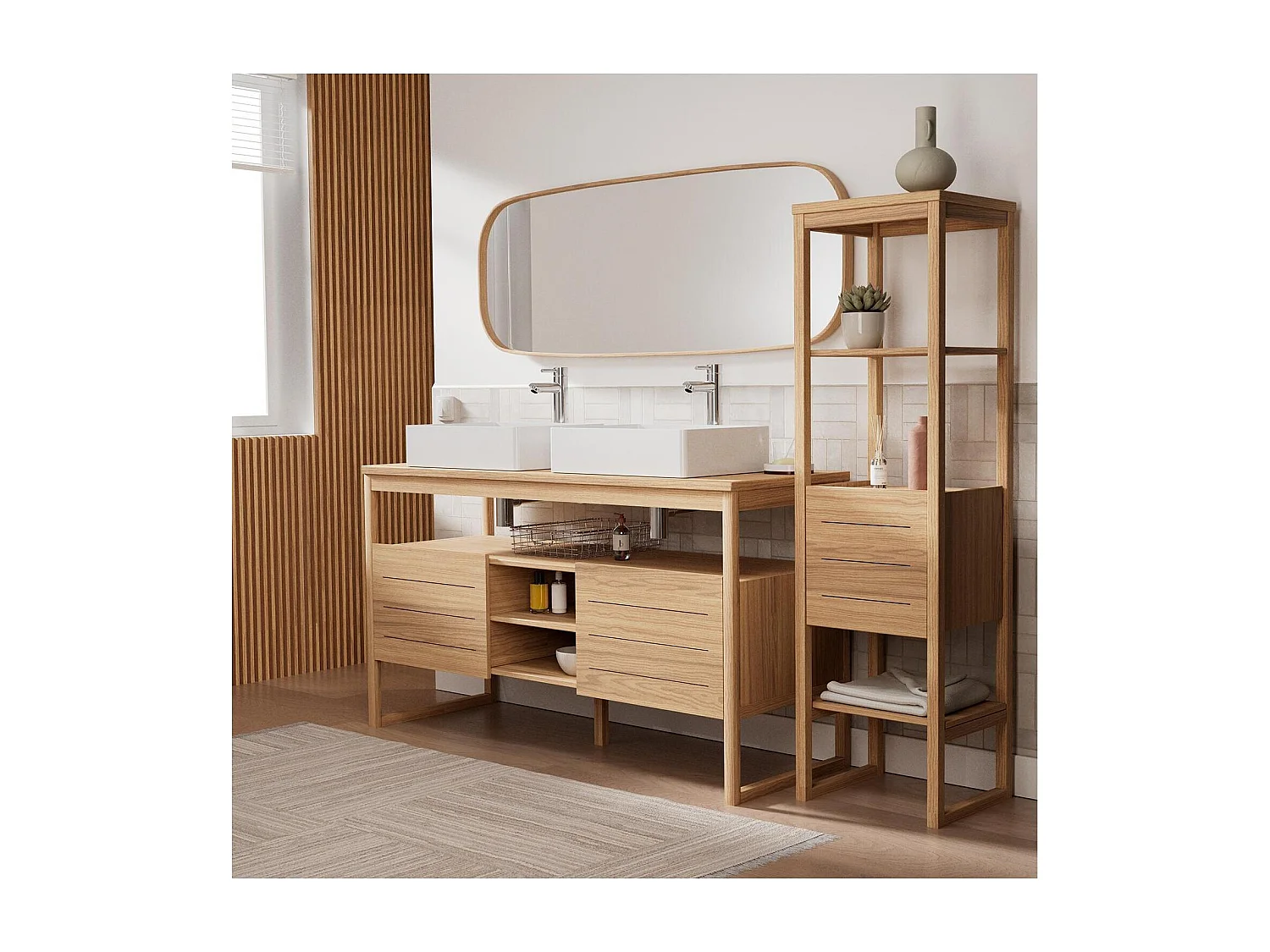 Ensemble meuble double vasque 140 cm + Vasques COMA + Robinets TAP + Miroir FLOKI + Colonne ATOLL