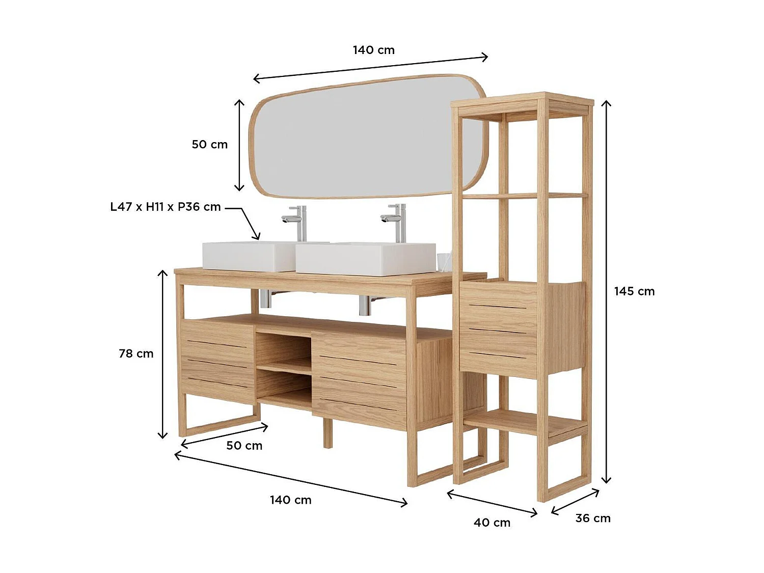 Ensemble meuble double vasque 140 cm + Vasques COMA + Robinets TAP + Miroir FLOKI + Colonne ATOLL
