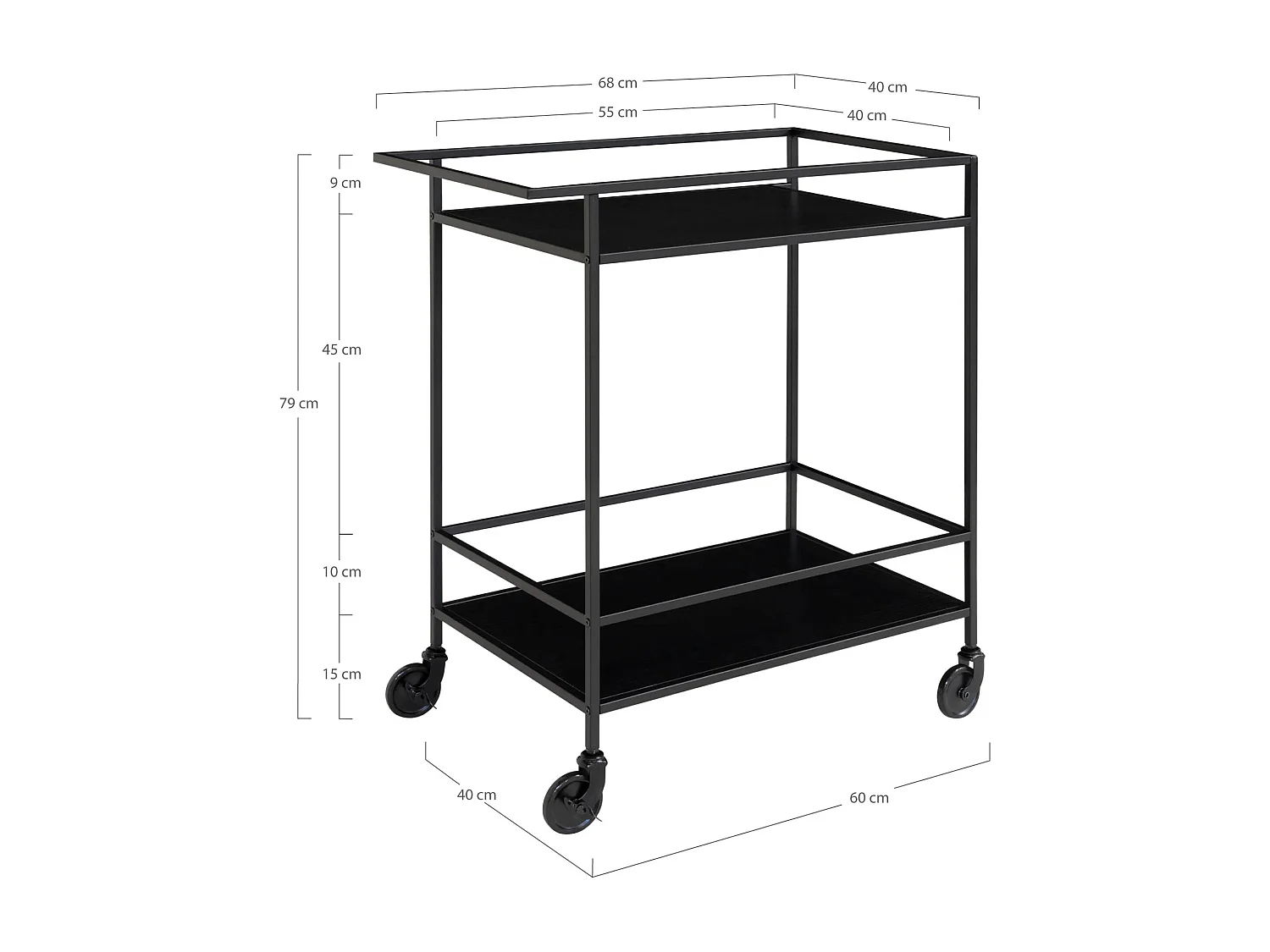Vita Küchenmöbel auf Rollen Barwagen 2 Regale weiß.