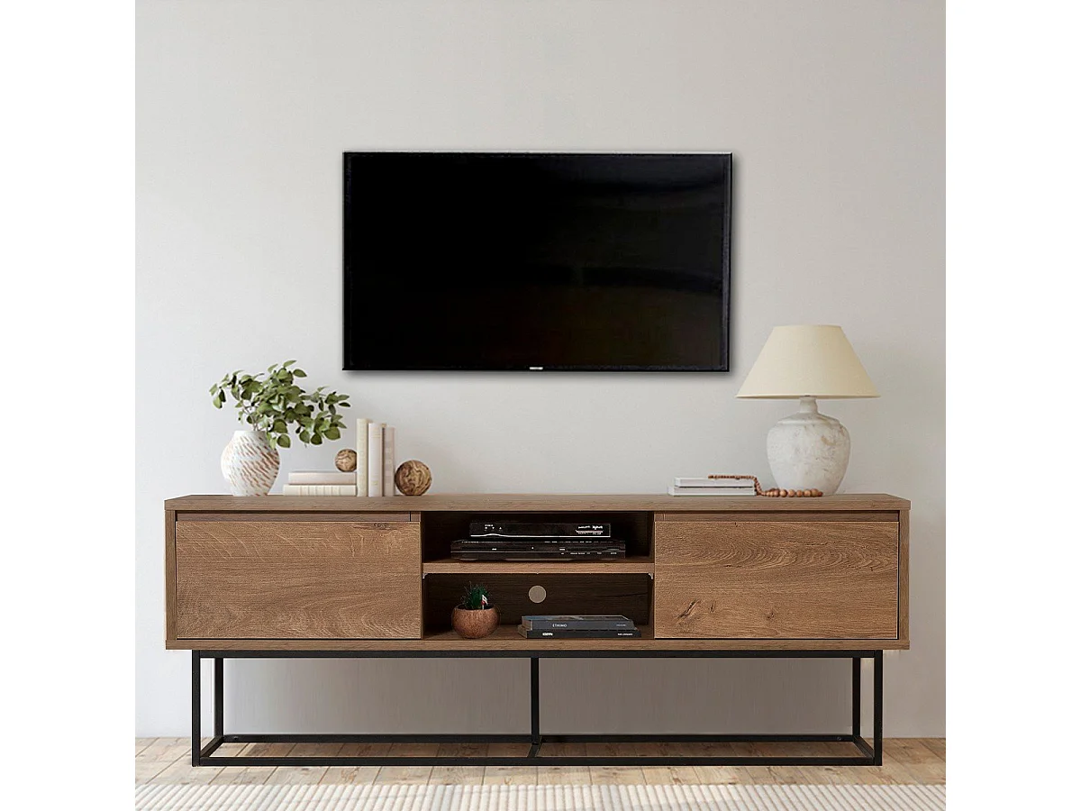 Meuble TV 2 niches et 2 tiroirs décor noyer L140 cm - Rodez