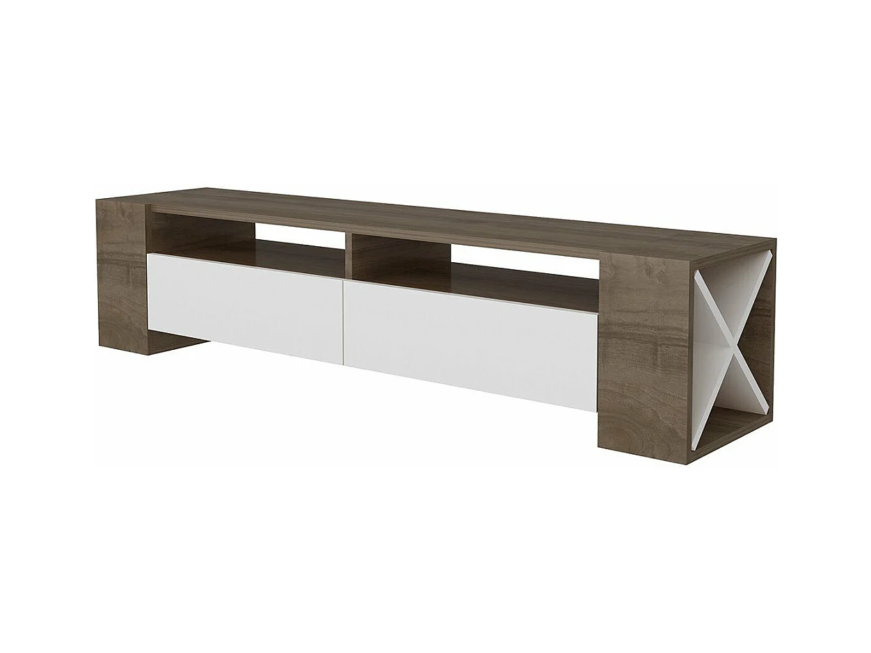 Meuble TV 2 Tiroirs Décor Noyer et Blanc L155 cm - Sosruko