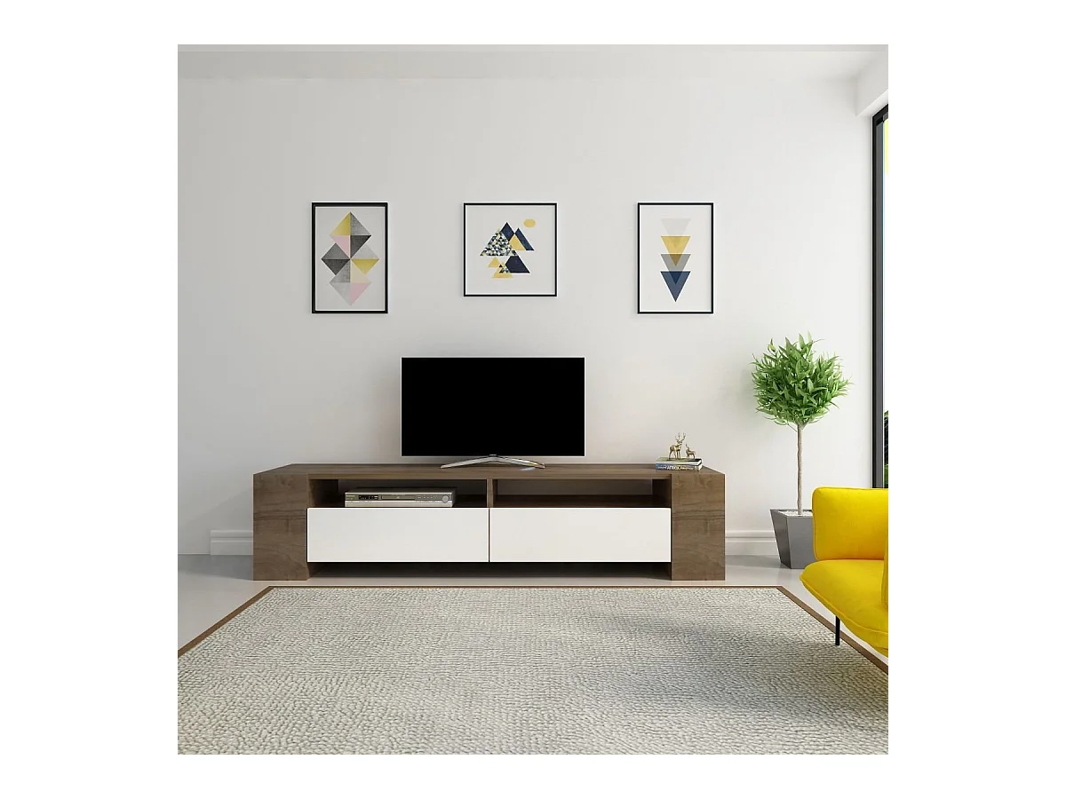 Meuble TV 2 Tiroirs Décor Noyer et Blanc L155 cm - Sosruko