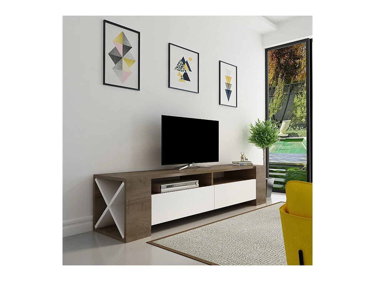Meuble TV 2 Tiroirs Décor Noyer et Blanc L155 cm - Sosruko