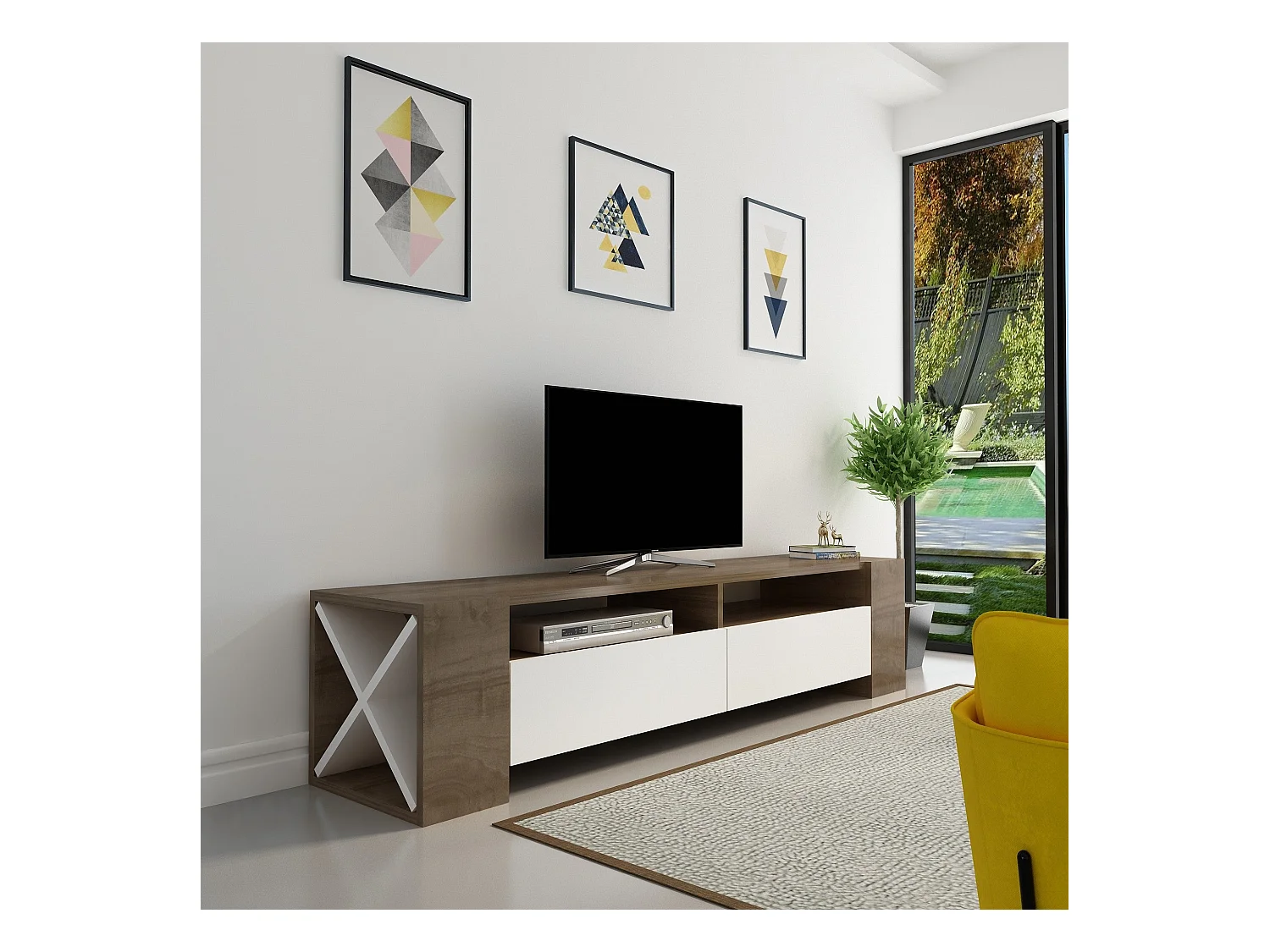 Meuble TV 2 Tiroirs Décor Noyer et Blanc L155 cm - Sosruko