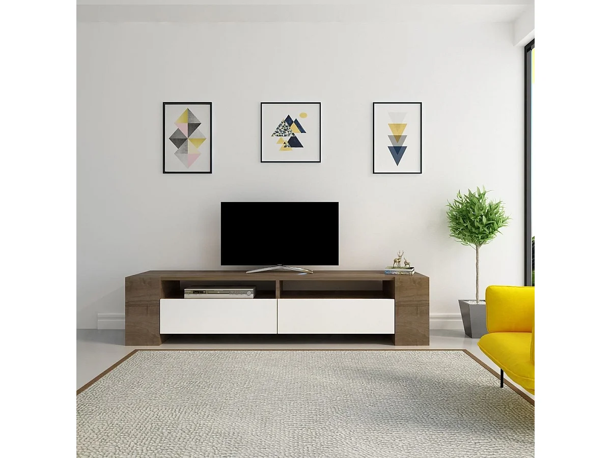 Meuble TV 2 Tiroirs Décor Noyer et Blanc L155 cm - Sosruko