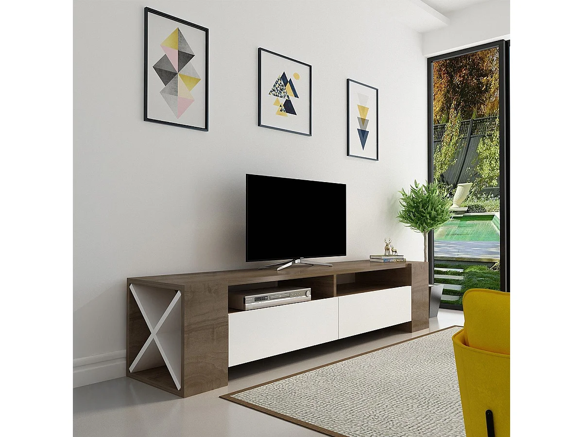Meuble TV 2 Tiroirs Décor Noyer et Blanc L155 cm - Sosruko
