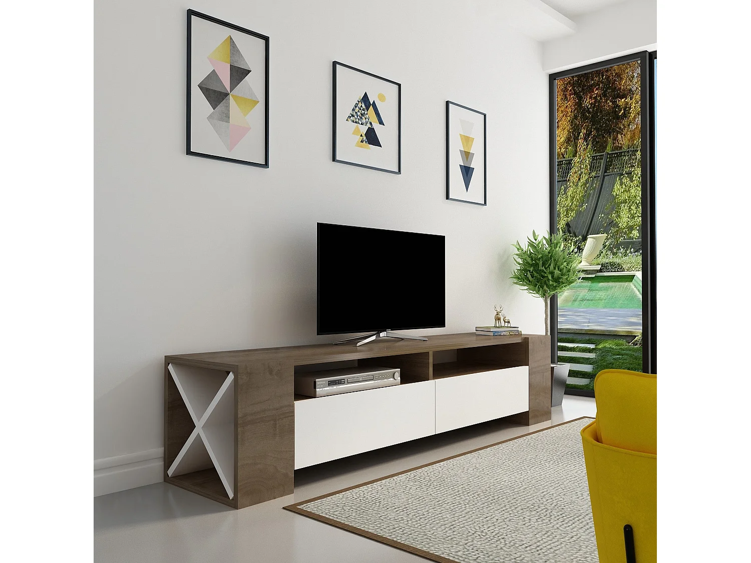 Meuble TV 2 Tiroirs Décor Noyer et Blanc L155 cm - Sosruko