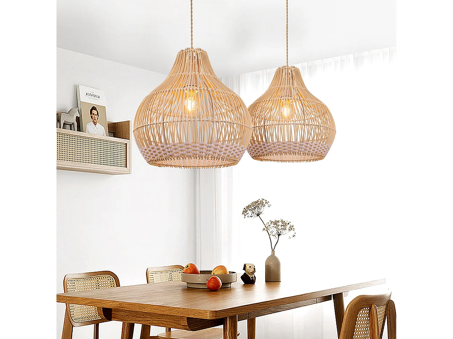 Lustre suspendu en rotin blanc luminaire artisanal pour salon,d40cm x h40cm