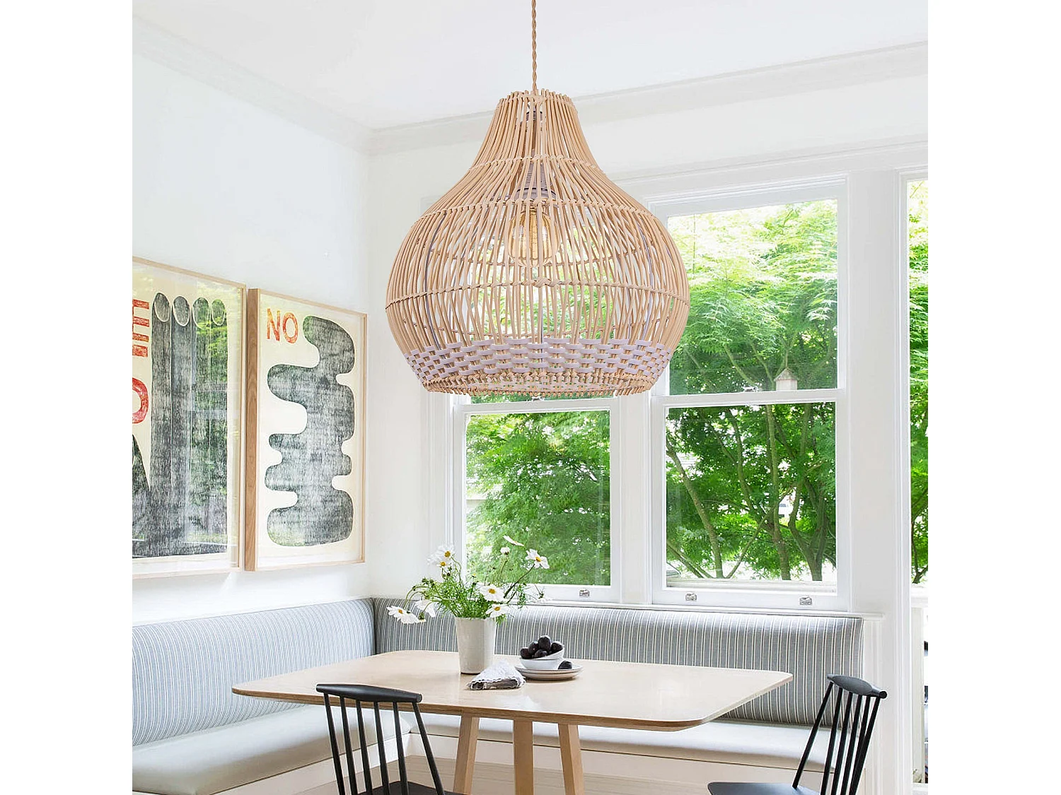 Lustre suspendu en rotin blanc luminaire artisanal pour salon,d40cm x h40cm