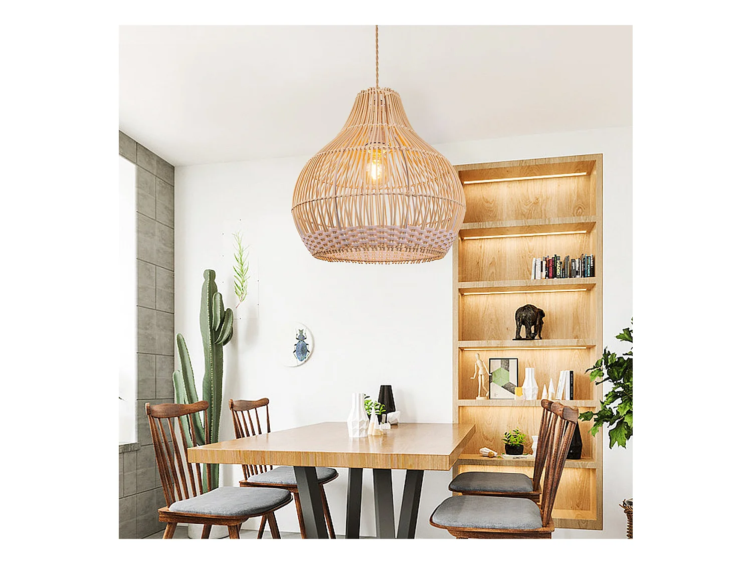 Lustre suspendu en rotin blanc luminaire artisanal pour salon,d40cm x h40cm