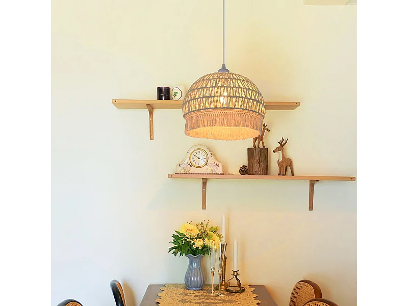 Lustre suspendu avec abat-jour en dôme et corde beige pour salon,d30cm x h25cm