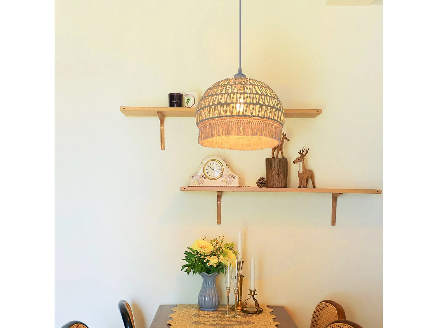 Lustre suspendu avec abat-jour en dôme et corde beige pour salon,d30cm x h25cm