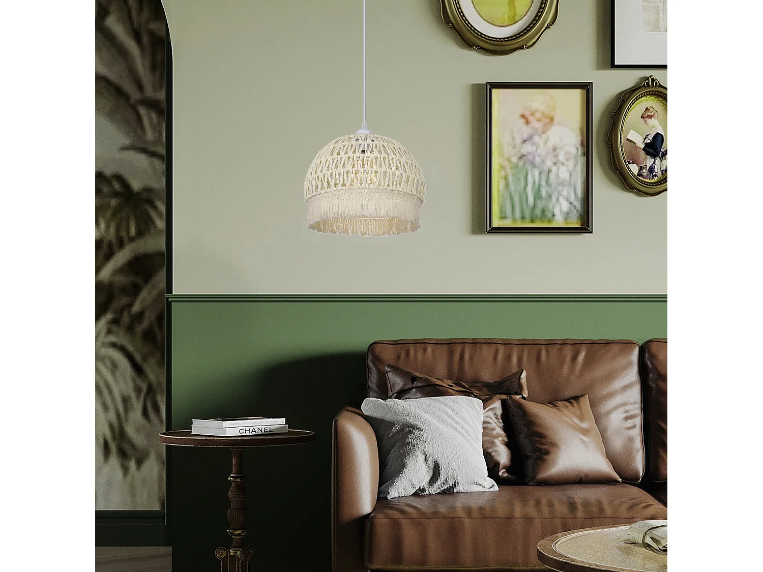 Lustre suspendu avec abat-jour en dôme et corde beige pour salon,d30cm x h25cm