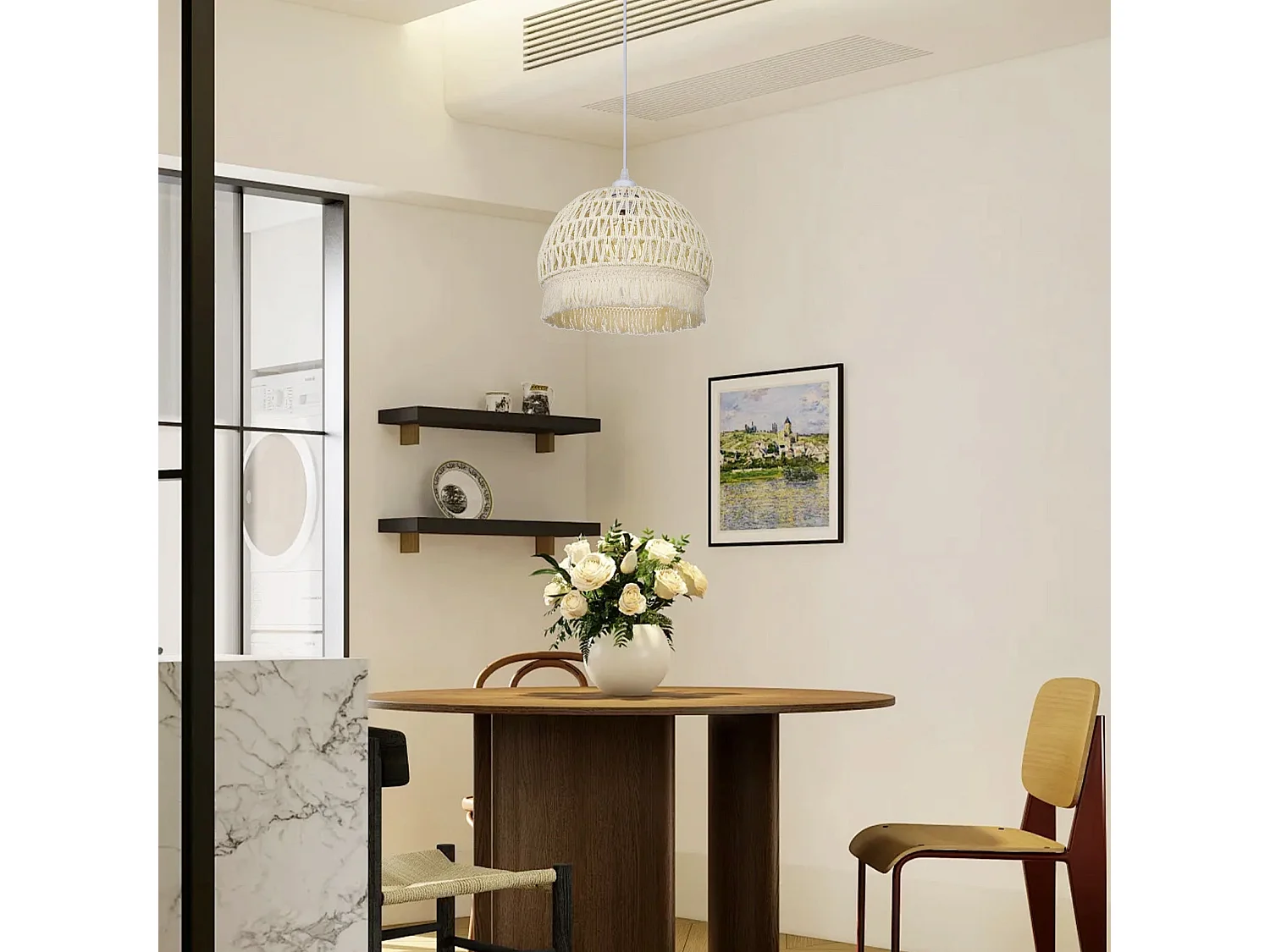 Lustre suspendu avec abat-jour en dôme et corde beige pour salon,d30cm x h25cm