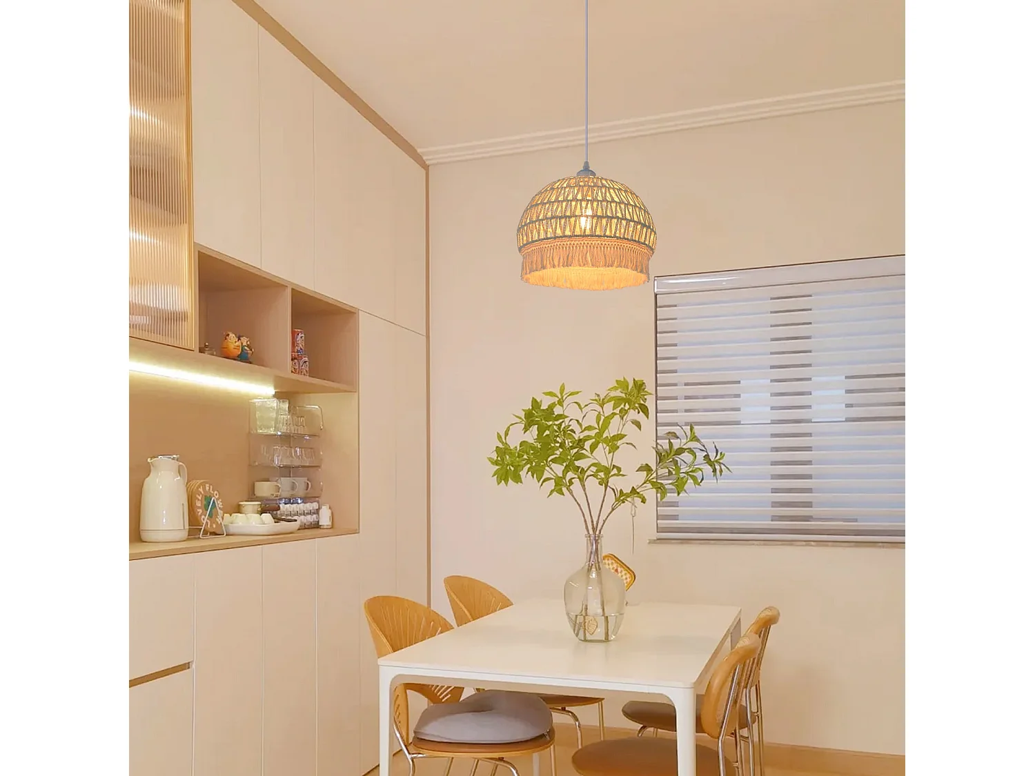 Lustre suspendu avec abat-jour en dôme et corde beige pour salon,d30cm x h25cm