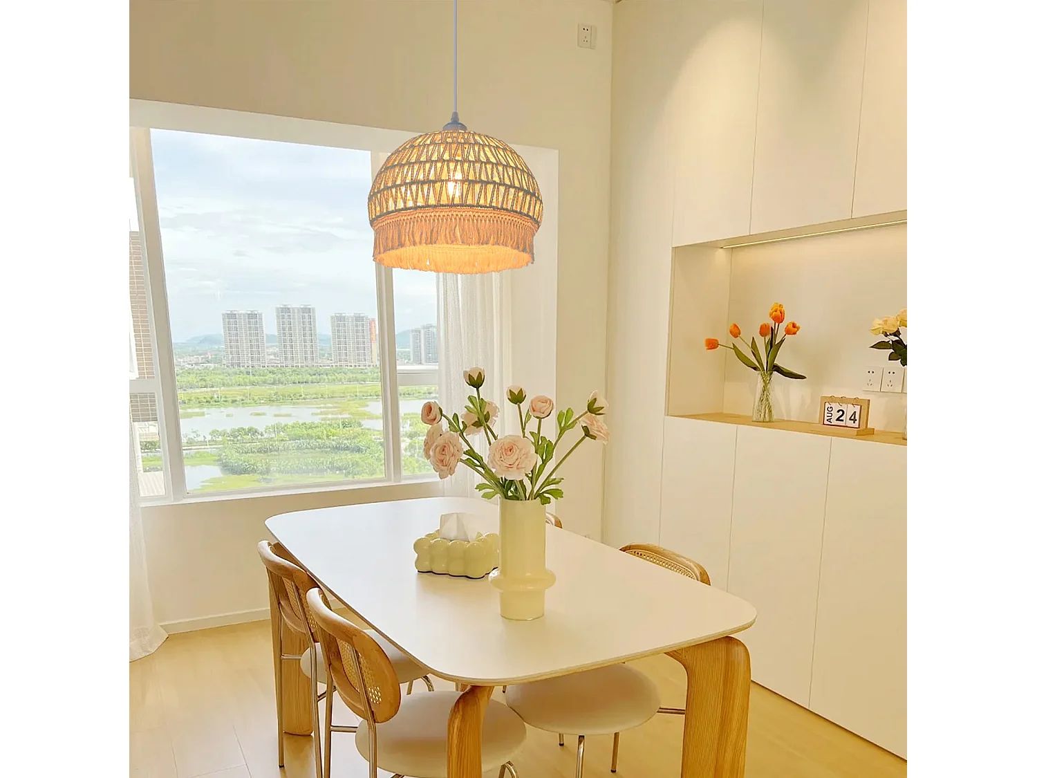 Lustre suspendu avec abat-jour en dôme et corde beige pour salon,d30cm x h25cm