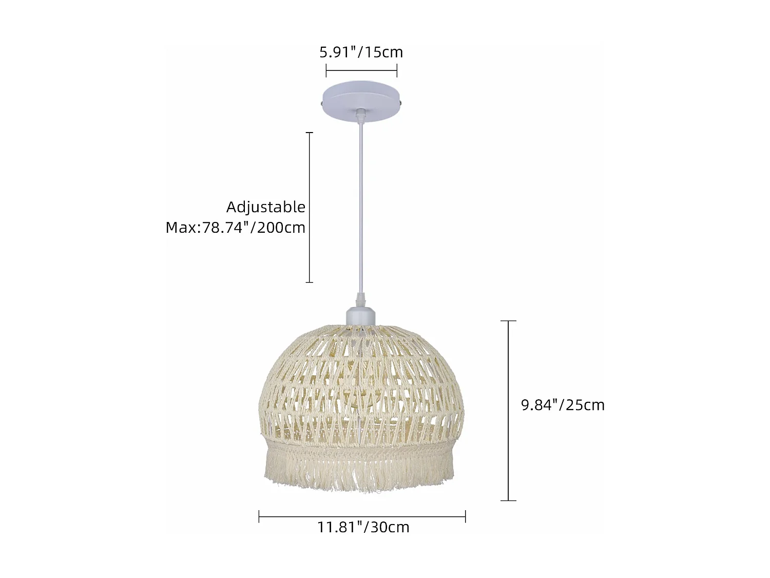 Lustre suspendu avec abat-jour en dôme et corde beige pour salon,d30cm x h25cm