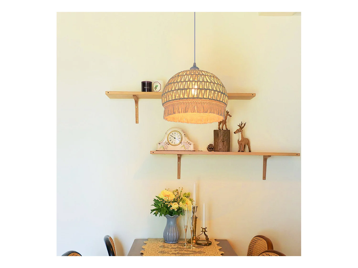 Lustre suspendu avec abat-jour en dôme et corde beige pour salon,d30cm x h25cm
