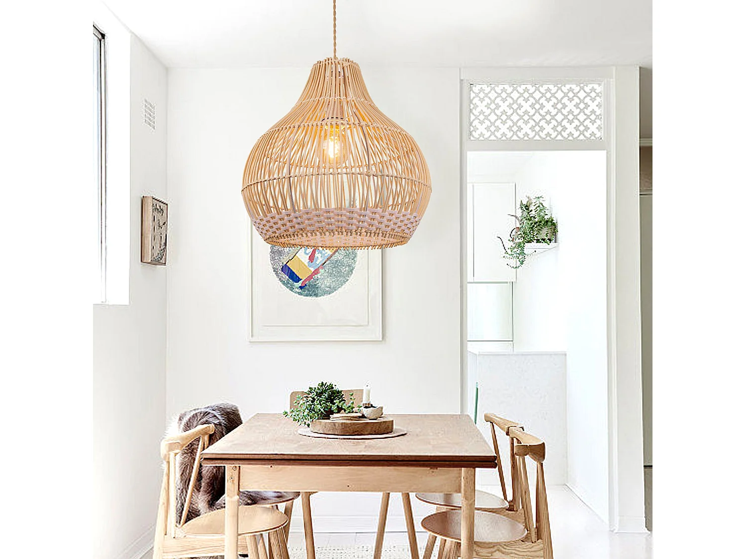 Lustre suspendu en rotin blanc luminaire artisanal pour salon,d50cm x h50cm