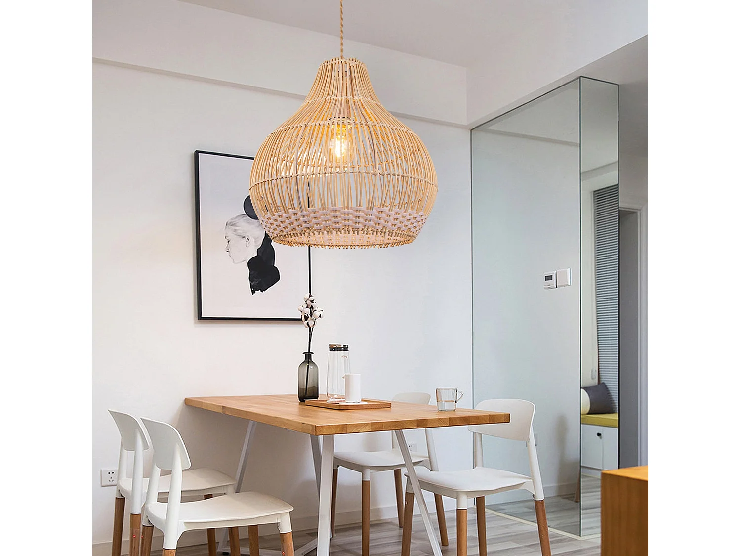 Lustre suspendu en rotin blanc luminaire artisanal pour salon,d50cm x h50cm