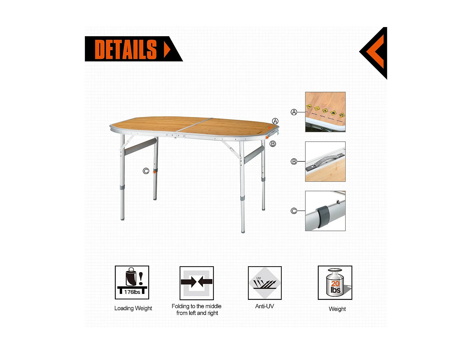 Table de camping pliable avec poignée de transport - Kingcamp - Forme arrondie