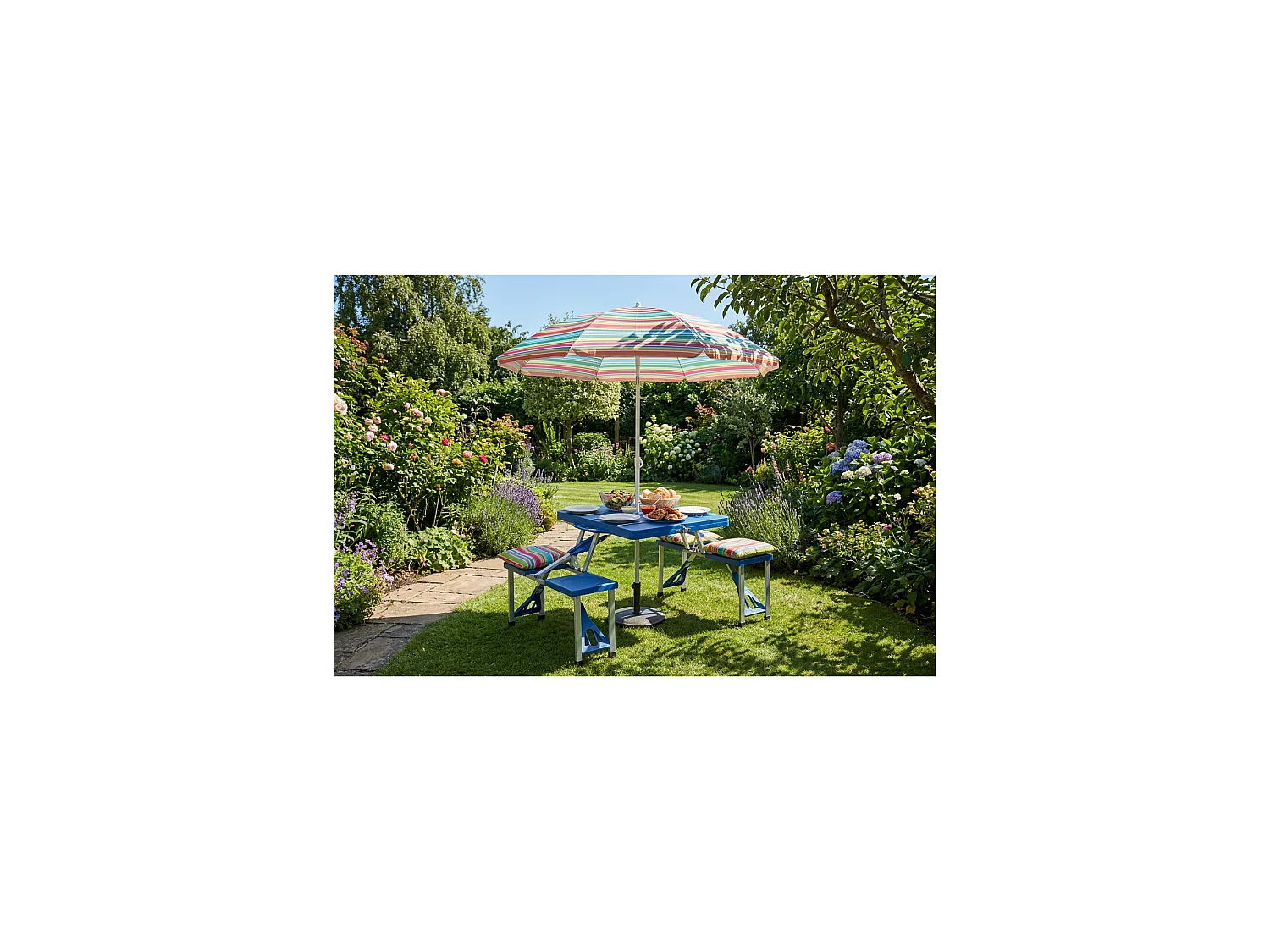 Mesa de camping para 4 personas con banco - Plegable - Azul