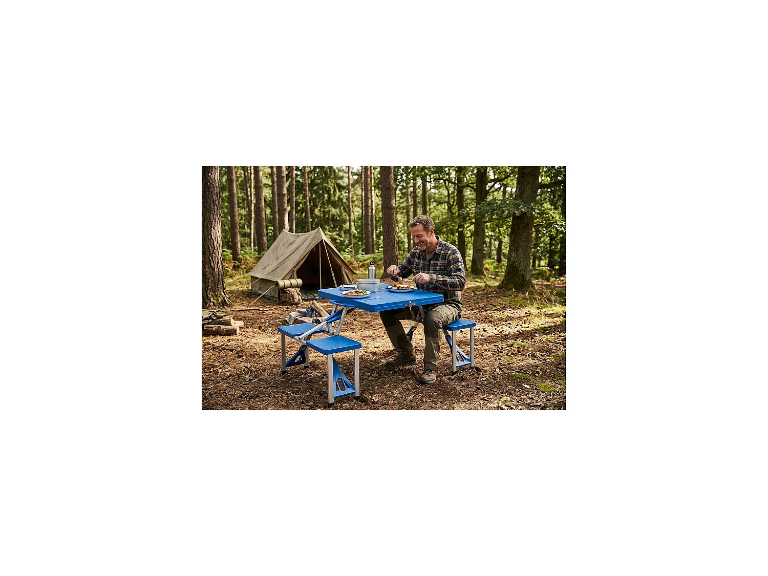 Mesa de camping para 4 personas con banco - Plegable - Azul