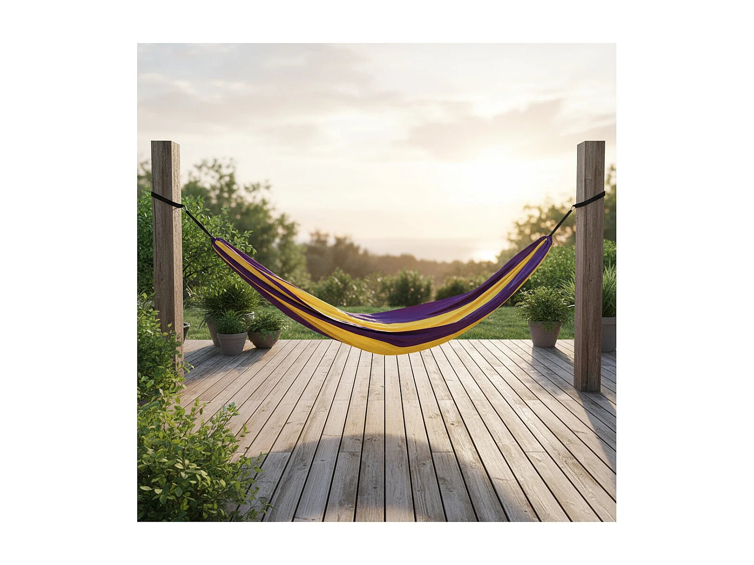 Hamac de camping en toile 1 place - O'Camp - Jaune et violet - Dimensions 270 x 130 cm