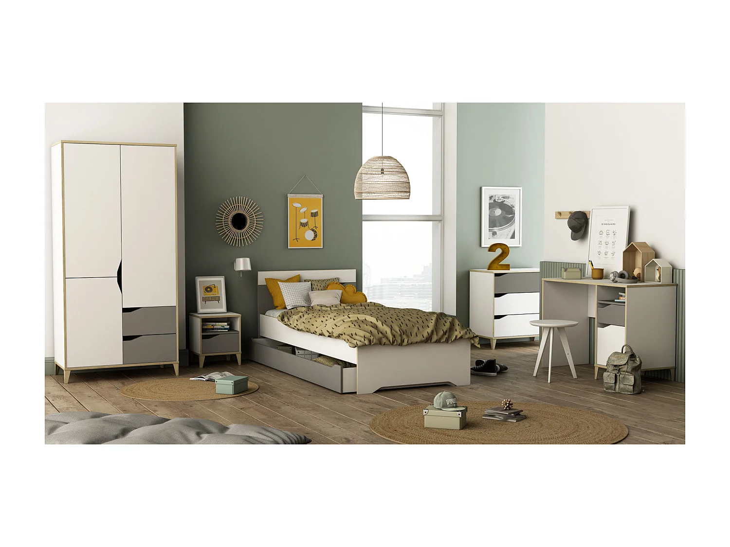 Nachttisch 1 Schublade - GENIUS - Weiß und Grau - 36,8 x 33 x 43,8 cm - DEMEYERE