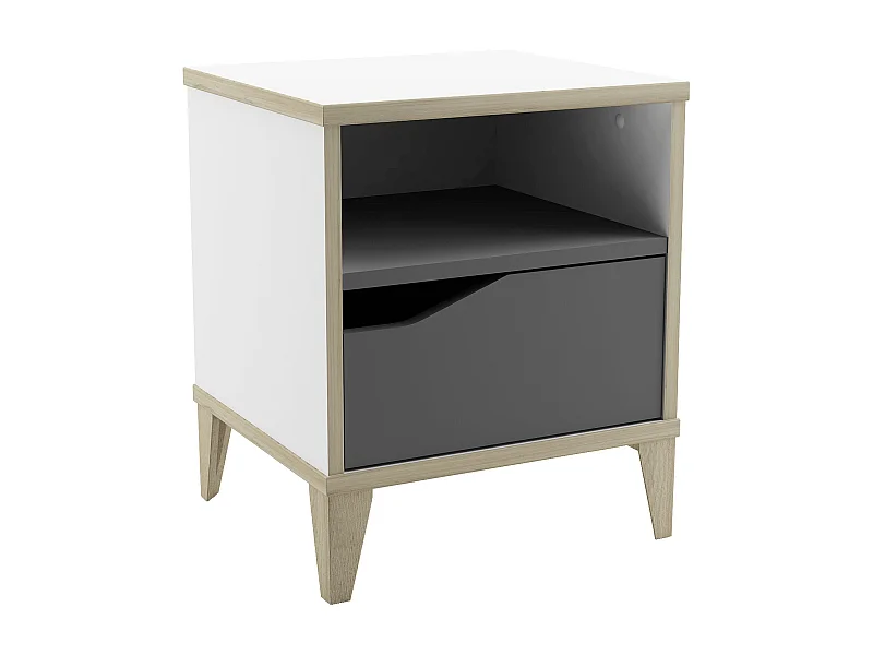 Nachtkastje 1 lade - GENIUS - Blanc et Gris - 36,8 x 33 x 43,8 cm - DEMEYERE