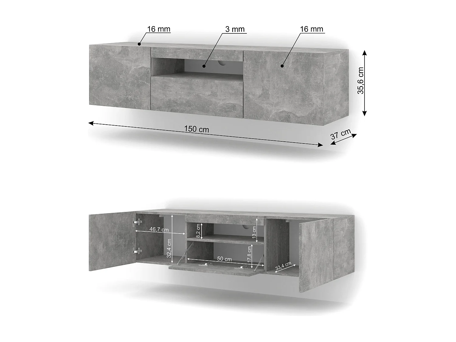 Meuble TV AURA 150 cm béton universel + LED
