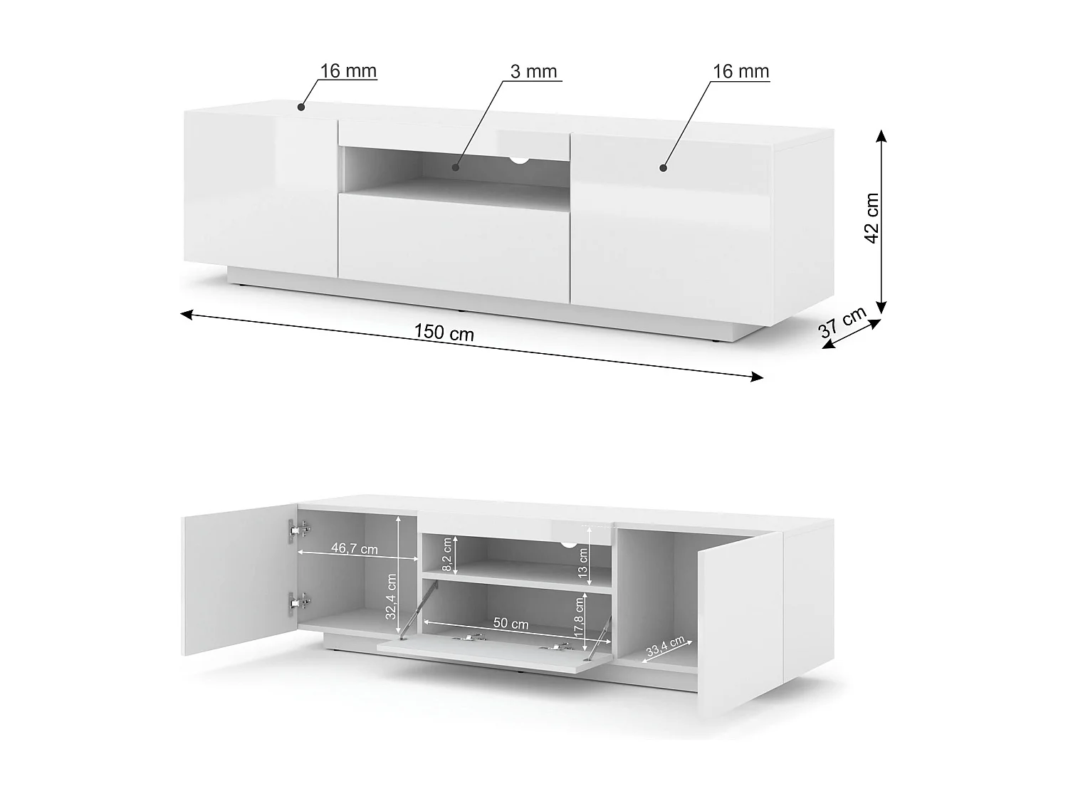 TV-kast AURA 150 cm wit hoogglans universeel + LED