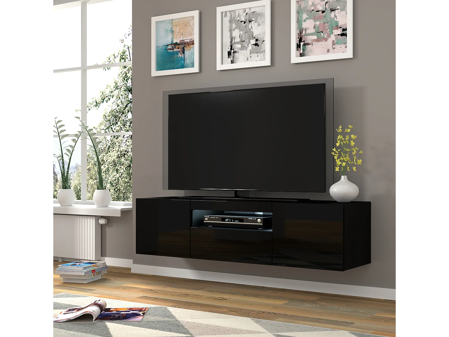 Meuble TV AURA 150 cm noir brillant universel
