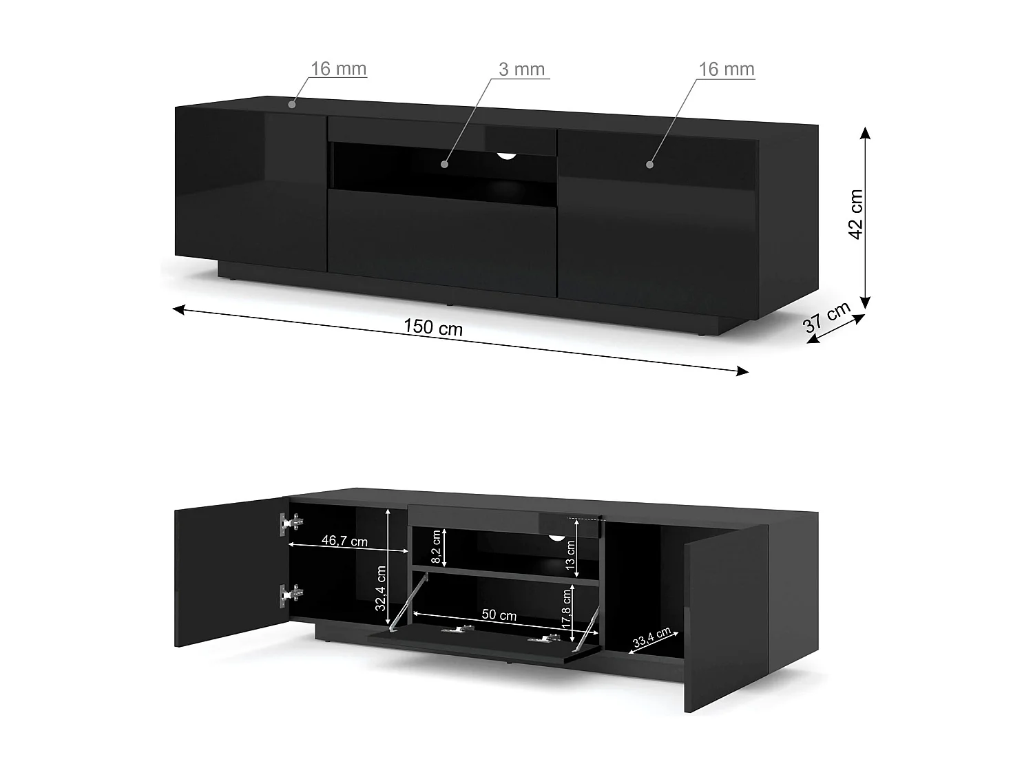 TV-kast AURA 150 cm zwart hoogglans universeel