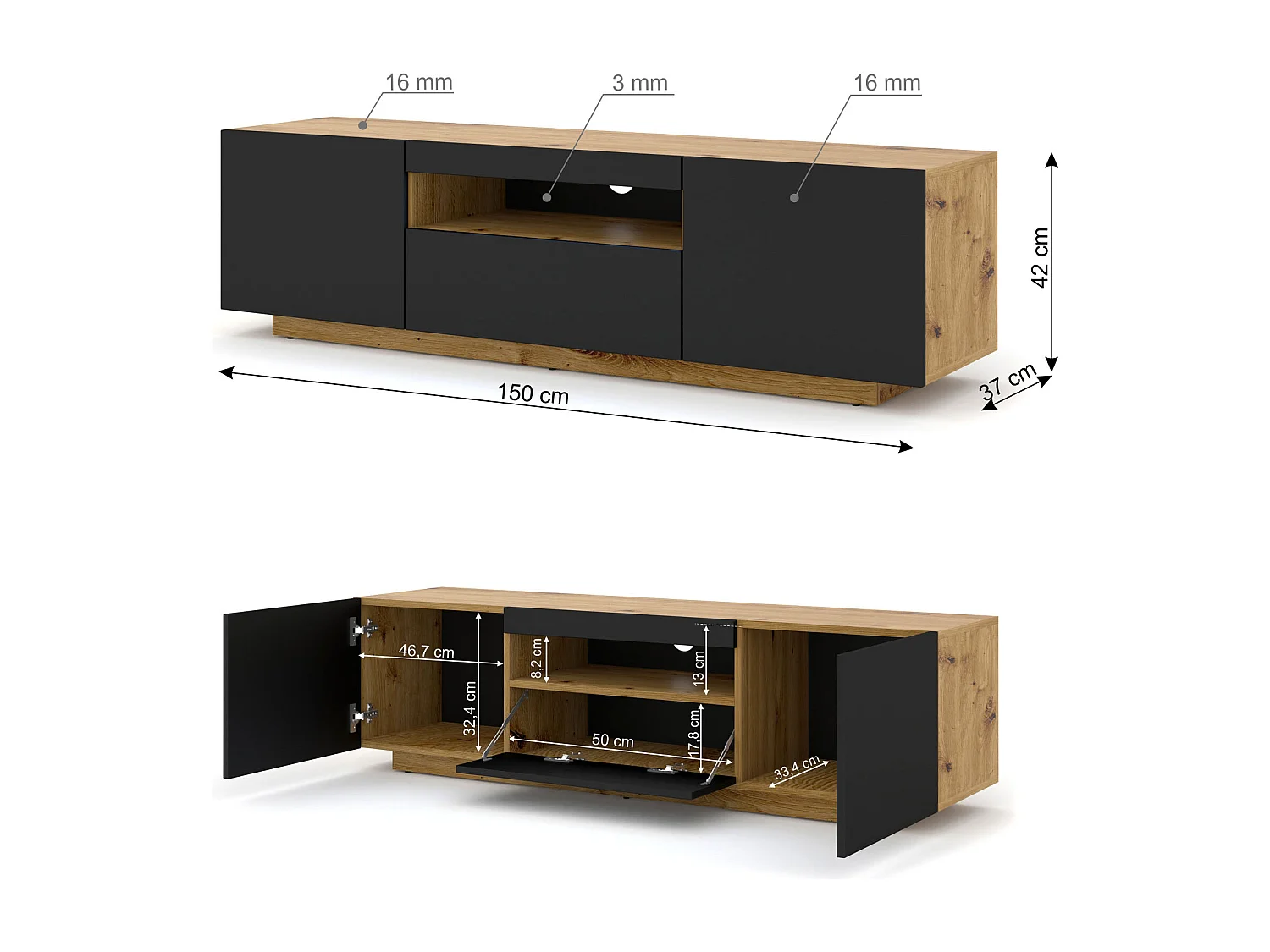 TV-meubel AURA 150 cm ambachtelijke eik / mat zwart universeel