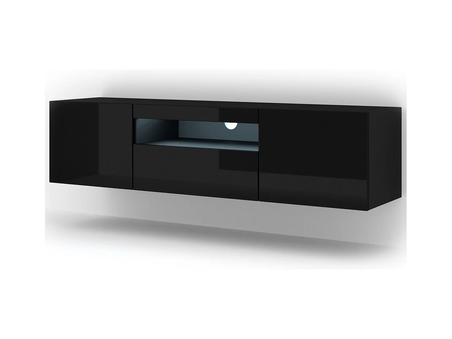 Meuble TV AURA 150 cm noir brillant universel + LED