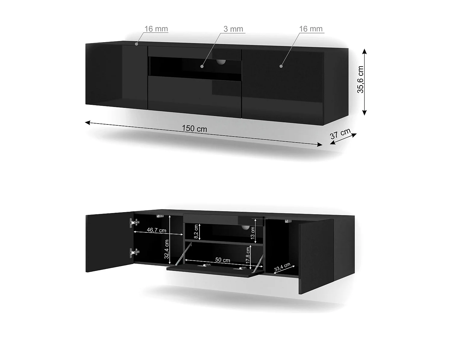 TV-kast AURA 150 cm zwart hoogglans universeel + LED