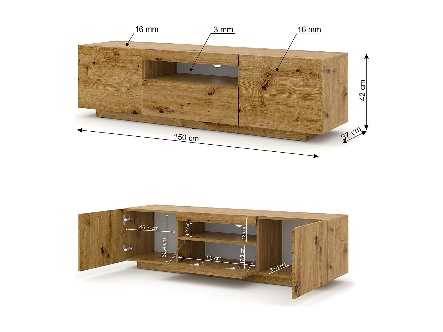Meuble TV AURA 150 cm chêne artisan universel + LED