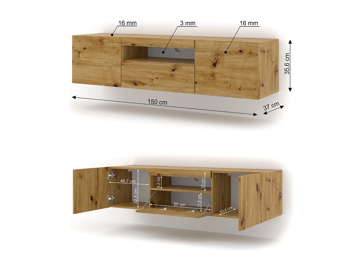 TV-meubel AURA 150 cm ambachtelijke eik universeel + LED