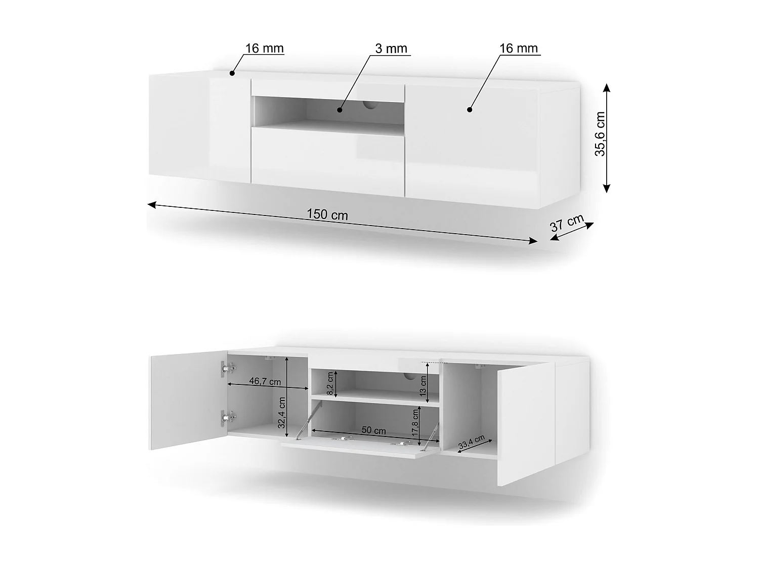 TV-kast AURA 150 cm wit hoogglans universeel
