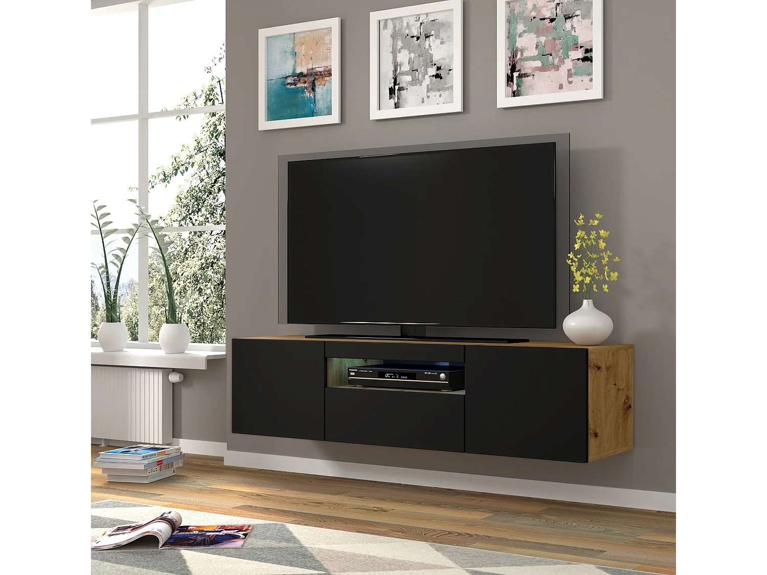 TV-Schrank AURA 150 cm Artisan Eiche / Schwarz Matt universell + LED