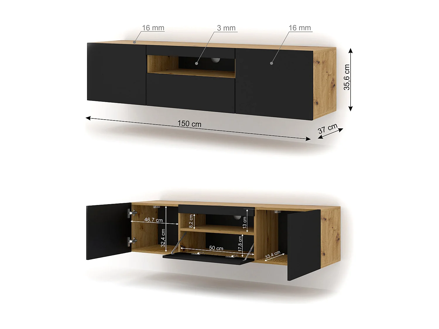 TV-meubel AURA 150 cm artisan eiken / zwart mat universeel + LED