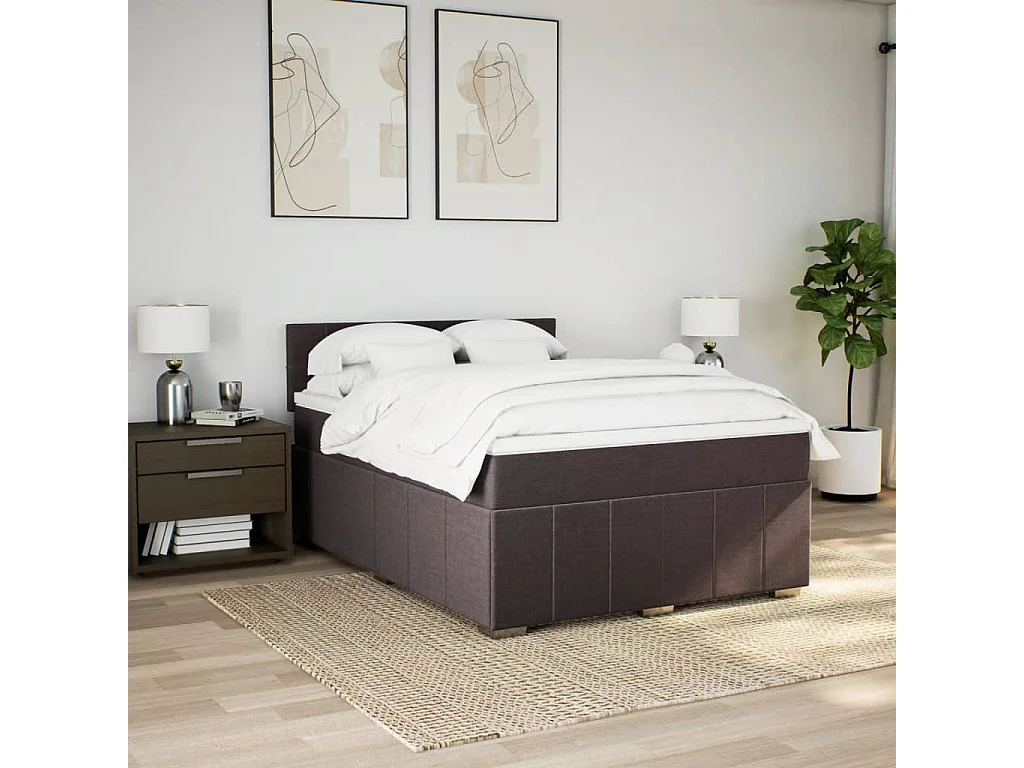 Cama box spring con colchón tela marrón oscuro 160x200 cm