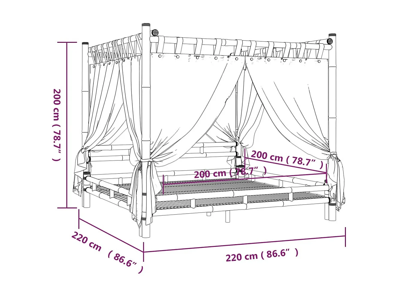 Lit à baldaquin 200x200 cm Bambou