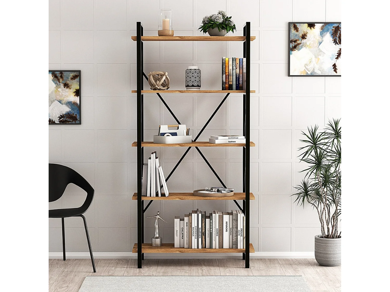 FANI Ontwerp metalen boekenkast - 5 planken - hout en zwart