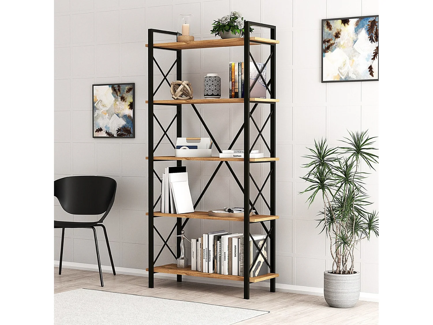 FANI Ontwerp metalen boekenkast - 5 planken - hout en zwart