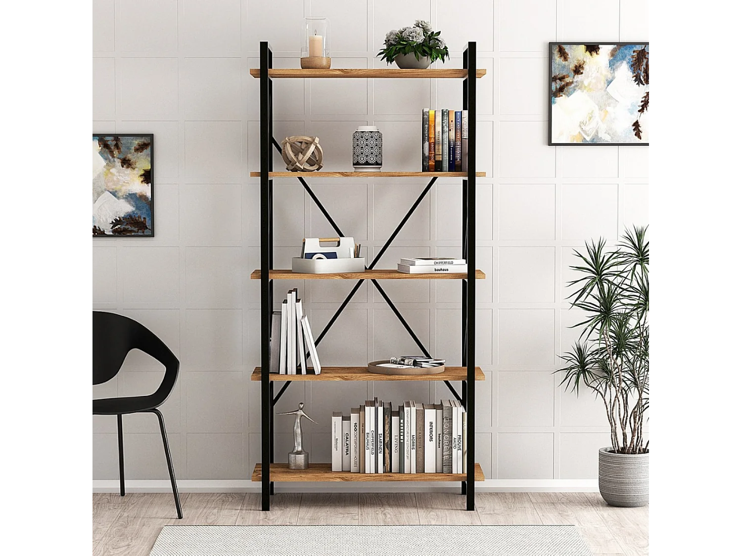 Bibliothèque design en métal - 5 étagères - bois et noir FANI
